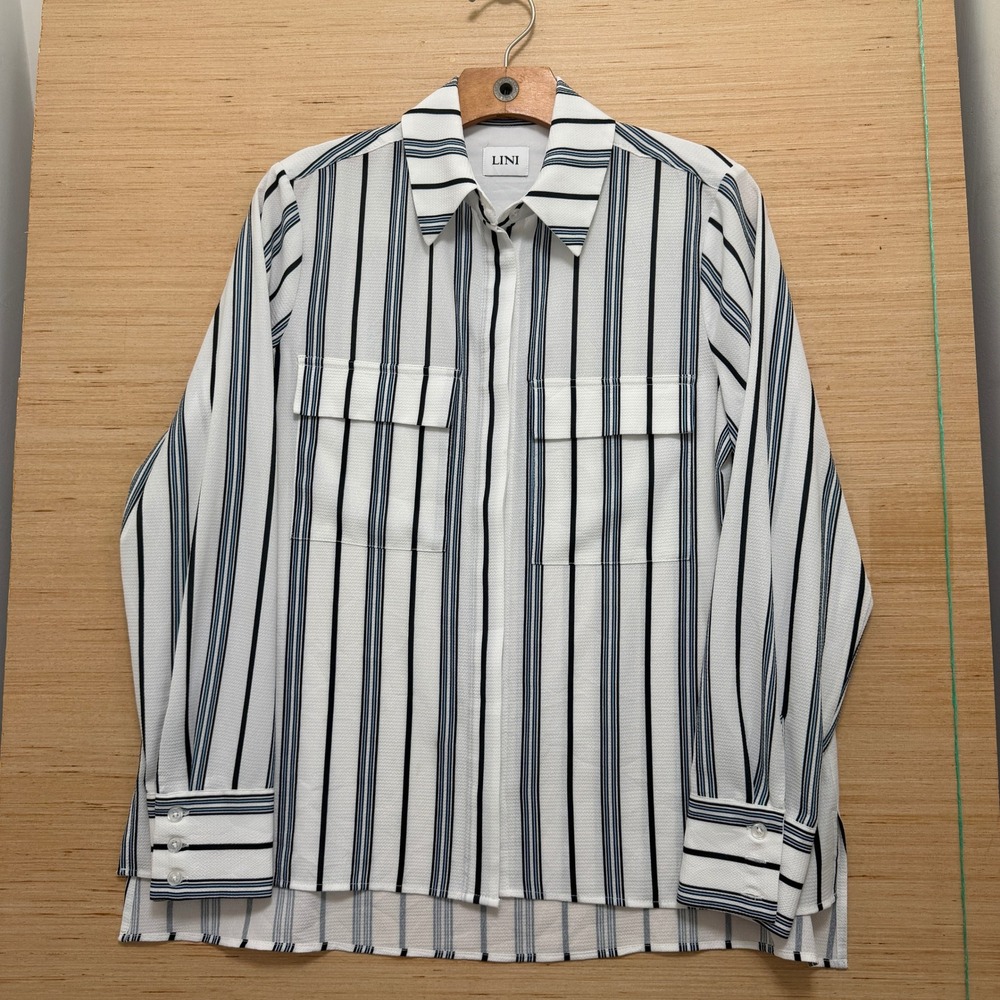 LINI Womens Striped Long Sleeve Button Down Shirt White Black Blue Size S 6120
